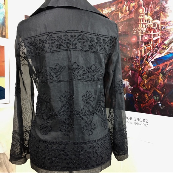 MEGAN PARK black sheer silk beaded collared blouse - Picture 5 of 13